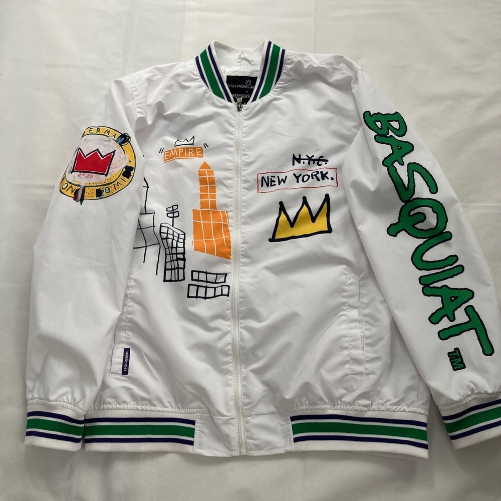 Members Only x Jean-Michel Basquiat Bomber Jacket Mens L White NYC Art